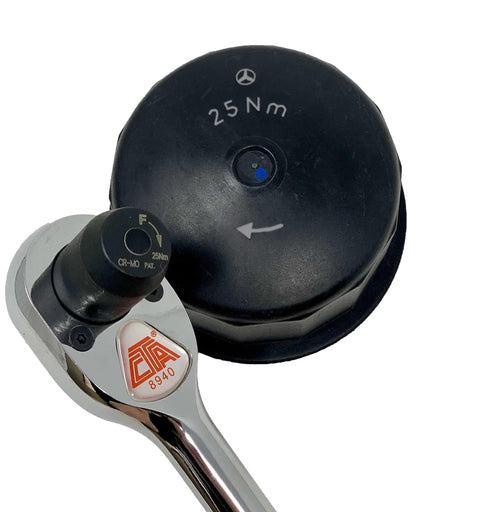Torque Limit Ratchet Wrench (25 N/M) with oil filter cap, close-up view.