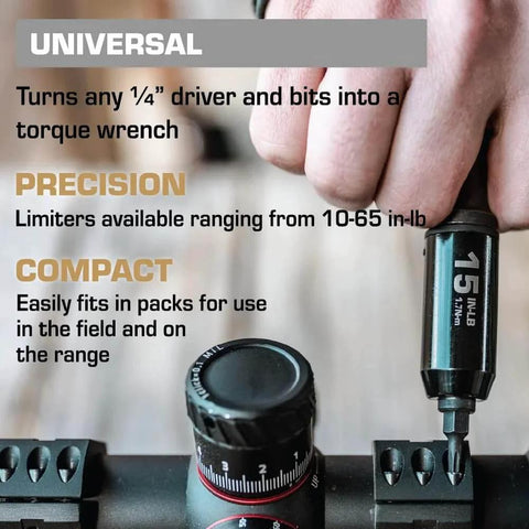 Person using Individual Limiter 15 Inch Pounds on gun scope with precision torque adjustment tool