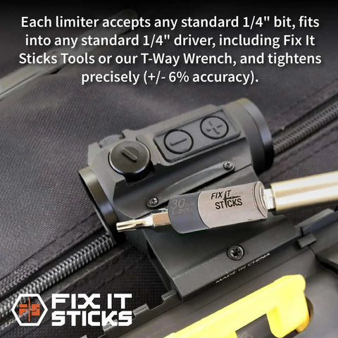 Set of 2 tools Bundle - Ratcheting T-Way Wrench & Torque Limiter 30 Inch-lb in use with a standard 1/4" driver