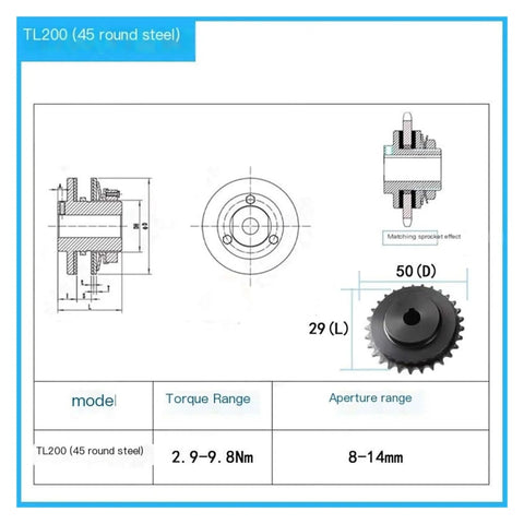 Technical diagram of Torque Limiter, Safety Clutch, Friction Clutch 45 round bar TL250/250/350/500/700(TL200 45 round bar)