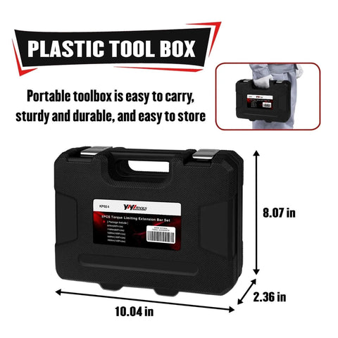 Black plastic tool box for 5Pcs 1/2" Drive Torque Limiting Extension Bar Set, 8" Long Torque Sticks (65-140 Ft-lbs) with handle
