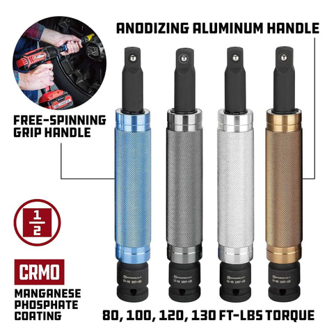 8 Piece Torque Limiting Extension Bar and Socket Set with Free-Spinning Grip Handles, showcasing four anodized aluminum handles and torque ratings of 80, 100, 120, 130 lb-ft.