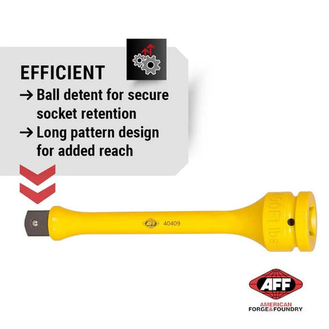 Torque Limiting Extension, 1" Drive, 400 ft/lbs, Yellow, 40409 with AFF logo and efficiency features highlighted.