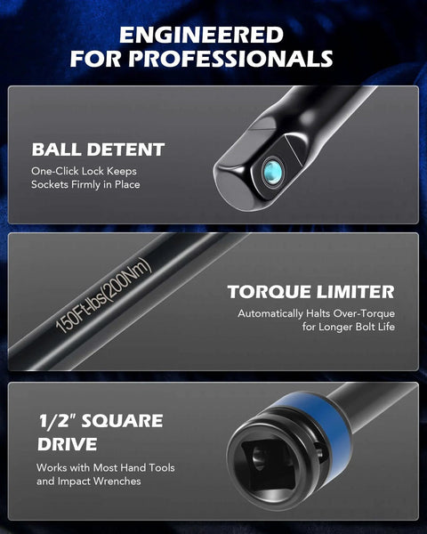 1/2 Inch Drive Torque Limiting Extension Bar, 150 ft-lb, Black, Chromoly Steel with ball detent and torque limiter features