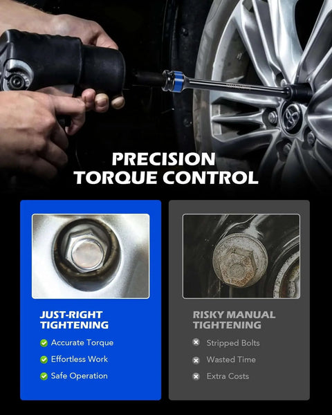1/2 Inch Drive Torque Limiting Extension Bar, 150 ft-lb, Black, Chromoly Steel in use on car wheel