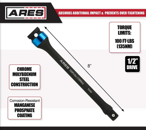 Foot/Pound Torque Limiting Extension Bar - Chrome Moly 1/2-Inch Drive 8-Inch Long, flex action prevents over-tightening