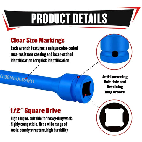 Close-up of blue 1/2" drive torque limiting extension bar with clear size markings; product details and features labeled