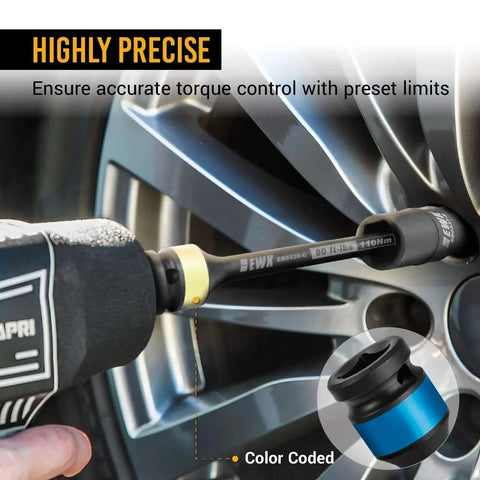 Torque wrench using 10 Pcs 1/2" Impact Torque Limiting Extension Bar Set, 65-150 Ft-lbs, tightening a car wheel lug nut.