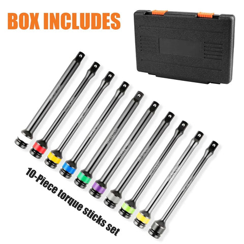 Torque Limiting Extension Bar Kit, 10 Piece 1/2" Drive Torque Wrench Set with Color-Coded Torque Sticks and case