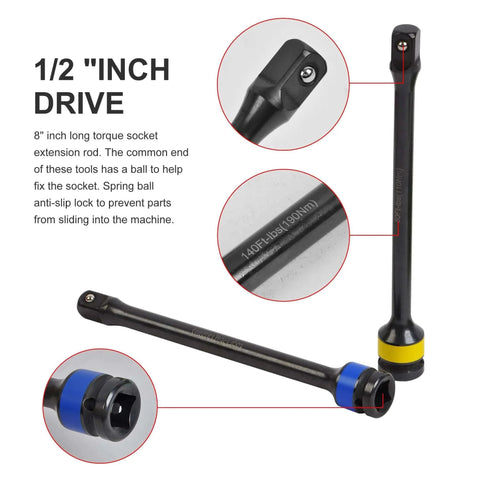 5PCS 1/2 in. Drive Torque Limiting Extension Bar Set, 140 ft. lbs impact torque stick with color-coded rings