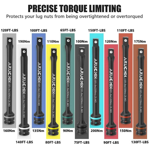 1/2" Drive Torque Limiting Extension Bar Set, 10-Piece Lug Nut Torque Stick Set With 8 Inch Color-Coded 65 to 150 Ft-Lbs Torque Sticks