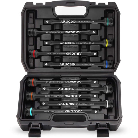 Open case showing 1/2" Drive Torque Limiting Extension Bar Set, 10-Piece Lug Nut Torque Stick Set With 8 Inch Color-Coded 65 to 150 Ft-Lbs Torque Sticks.