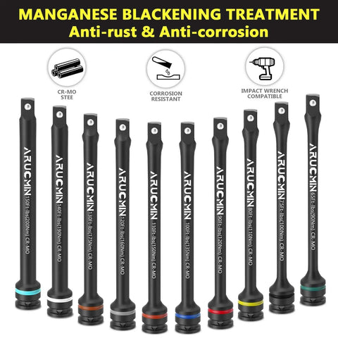 1/2" Drive Torque Limiting Extension Bar Set, 10-Piece Lug Nut Torque Stick Set With 8 Inch Color-Coded 65 to 150 Ft-Lbs Torque Sticks