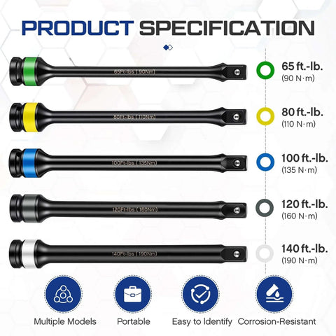 1/2'' Drive Torque Limiting Extension Bar Set (5 Piece) Lug Nut Torque Sticks with color-coded torque levels displayed.