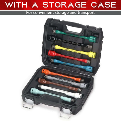 Open case showing 1/2" Drive Torque Limiting Extension Bar Set, 10-Piece Impact Torque Limiter Set with 8 Inch Color-Coded CR-MO Torque Sticks