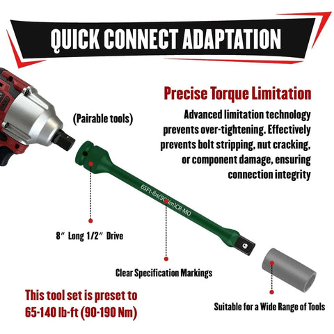 5Pcs 1/2" Drive Torque Limiting Extension Bar Set, 8" Long Torque Sticks with impact wrench, labeled specifications