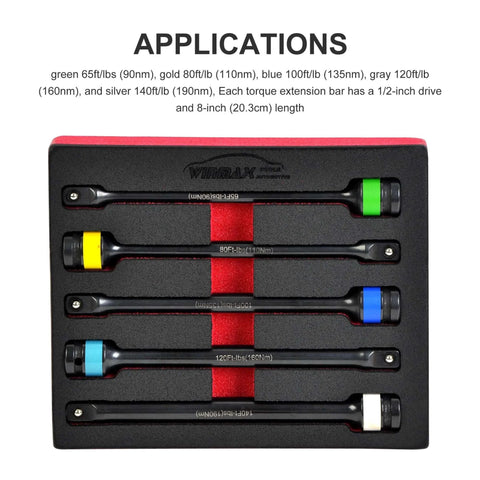 5PCS 1/2 in. Drive Torque Limiting Extension Bar Set, 65-140 ft. lbs, color-coded impact torque sticks in protective case
