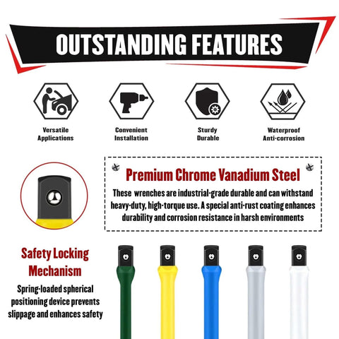 5Pcs 1/2" Drive Torque Limiting Extension Bar Set features overview, highlighting durable chrome vanadium steel and color-coded design