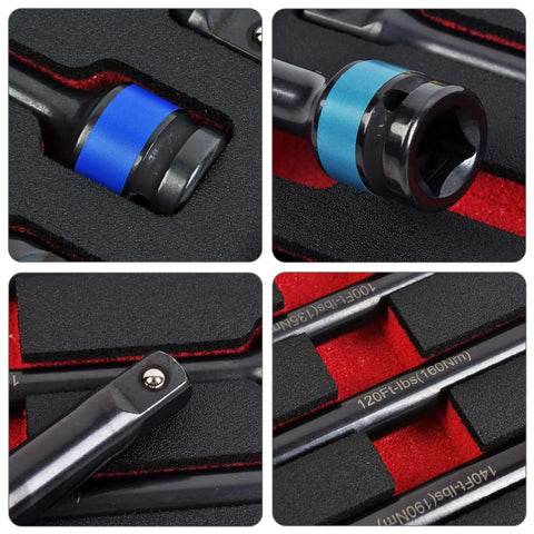 Close-up of 5PCS 1/2 in. Drive Torque Limiting Extension Bar Set, showing color-coded torque sticks in foam case