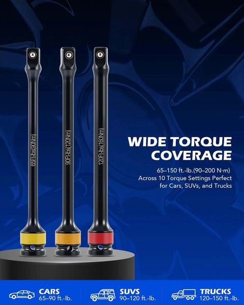 Three black chromoly steel torque limiting extension bars for cars, SUVs, and trucks, highlighting 65-150 ft-lb torque range.