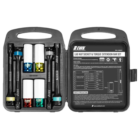 8-Piece 1/2" Drive Torque Limiting Extension Stick Set with Non-Marring Deep Impact Metric Lug Nut Sockets, case open.