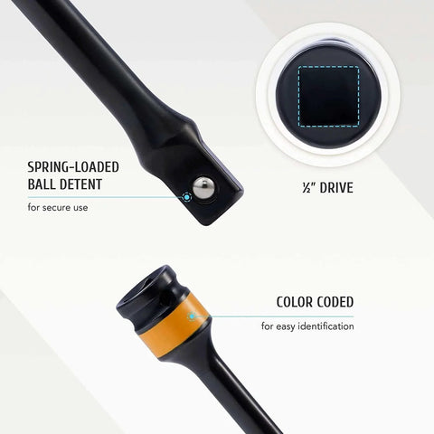 Close-up of 10pc 1/2" Drive Torque Limiting Extension Stick Set with color coding and spring-loaded ball detent.