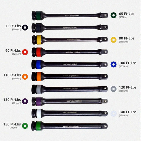 10pc 1/2" Drive Torque Limiting Extension Stick Set with 8" 65-150 ft.-lb. Impact Torque Sticks color coded for lug nut safety
