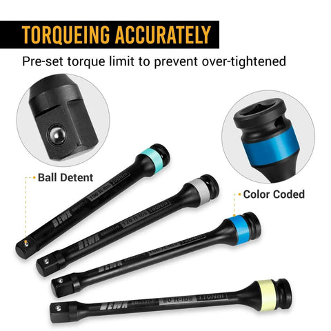 8-Piece 1/2" Drive Torque Limiting Extension Stick Set with Non-Marring Deep Impact Metric Lug Nut Sockets, color-coded design