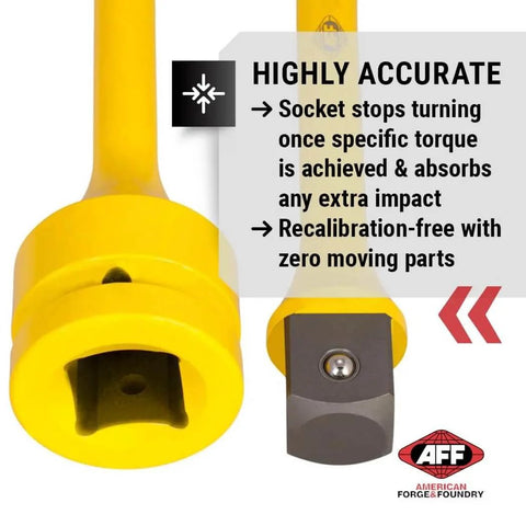 Torque Limiting Extension, 1" Drive, 175 ft/lbs, Yellow, 40417 close-up showing socket end with accuracy info text.