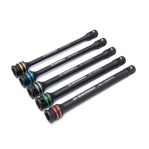 5 Piece 1/2" Drive Torque Limiting Impact Extension Set | 89650 displayed in a row with color-coded bands for torque levels