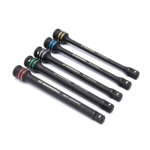 5 Piece 1/2" Drive Torque Limiting Impact Extension Set 89650, Cr-Mo steel, color-coded, used with impact wrenches