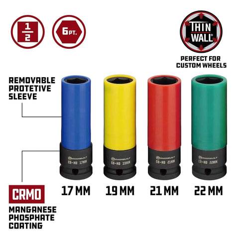 Colorful lug nut sockets from 8 Piece Torque Limiting Extension Bar and Socket Set with Free-Spinning Grip Handles, 17-22mm sizes.