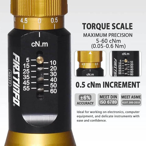 Torque Limiting Screwdriver 5-60 cNm (0.05-0.6 Nm) showing torque scale and precision increments