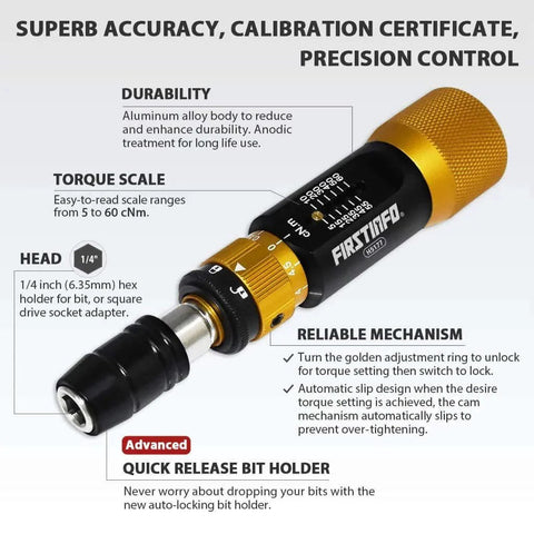 Torque Limiting Screwdriver 5-60 cNm (0.05-0.6 Nm), 1/4 Inch Universal Hex Quick Release Bit Holder, black and gold body, calibration details