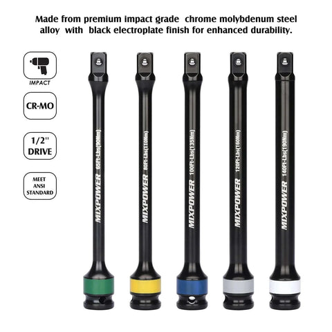 5 Piece 1/2" Drive Torque Limiting Socket Extension Bars, CR-MO, 8 Inch Long, Impact Grade Bars -Color Coded for Easy Identification
