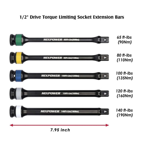 5 Piece 1/2" Drive Torque Limiting Socket Extension Bars, CR-MO, 8 Inch Long, Impact Grade Bars -Color Coded for Easy Identification, 65 to 140 Ft-Lbs, Impact Torque Limiter Set with torque ratings shown