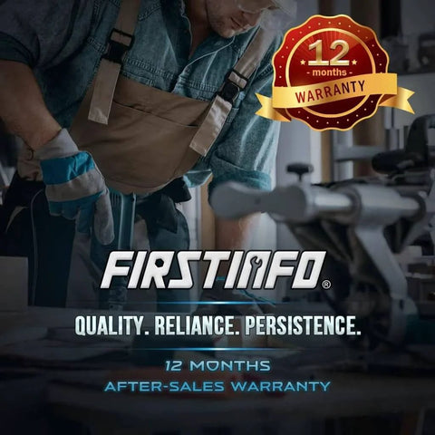 Woodworker using tools with 12-month warranty badge displayed; conveying quality and reliability.