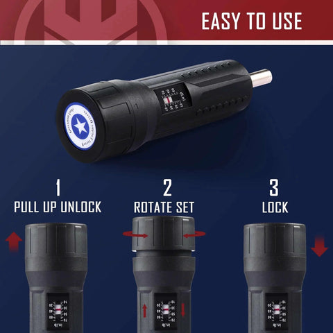 Torque Screwdriver Wrench Driver Set 10-70 Inch Pounds lbs with T-bar Handle, black, shown with easy-to-use adjustment steps.