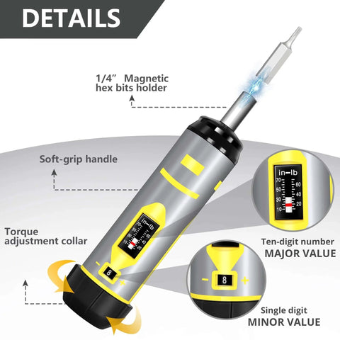 Torque Screwdriver Wrench Set 10-70 Inch Pounds with soft-grip handle, magnetic hex bits holder, detailed features in gray