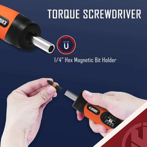 Close-up of orange Torque Screwdriver Wrench Driver Set 10-70 Inch Pounds lbs for Maintenance with 1/4 inch hex magnetic bit holder