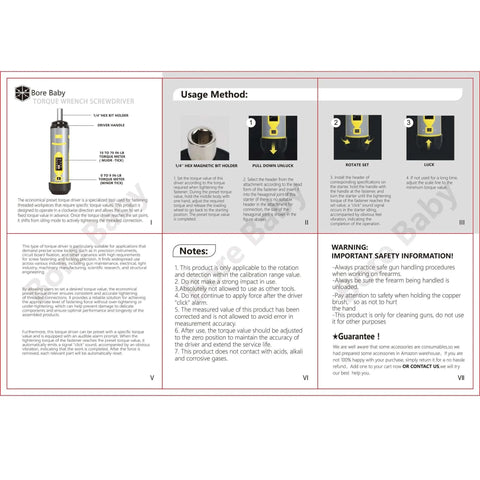 Instruction manual page for Torque Screwdriver Wrench Set 10-70 Inch Pounds, illustrating usage method and safety notes.