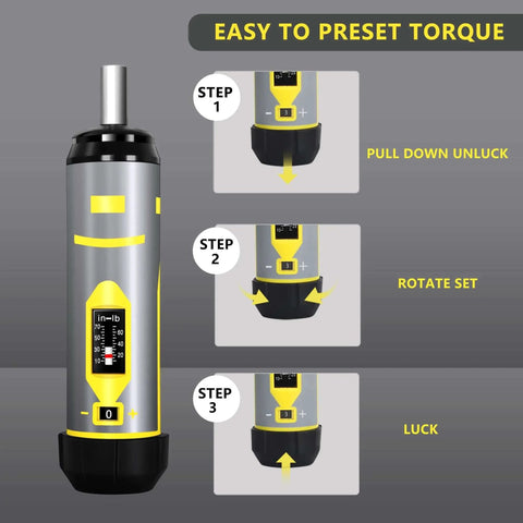 Torque Screwdriver Wrench Set 10-70 Inch Pounds, gray, with easy-to-preset torque dial and instructions for firearms gunsmithing use.