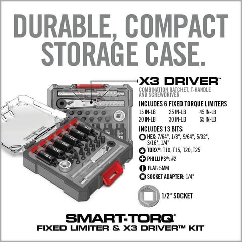 Real Avid Smart-Torq Fixed Limiter & X3 Driver Kit with storage case showing ratcheting driver, torque limiters, and bits