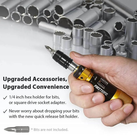 Hand holding Torque Limiting Screwdriver 5-60 cNm (0.05-0.6 Nm), 1/4 Inch Universal Hex Quick Release Bit Holder against sockets