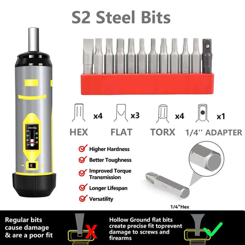 Torque Screwdriver Wrench Set 10-70 Inch Pounds showing S2 steel bits, hex, flat, Torx bits, and 1/4" adapter with soft-grip handle in gray