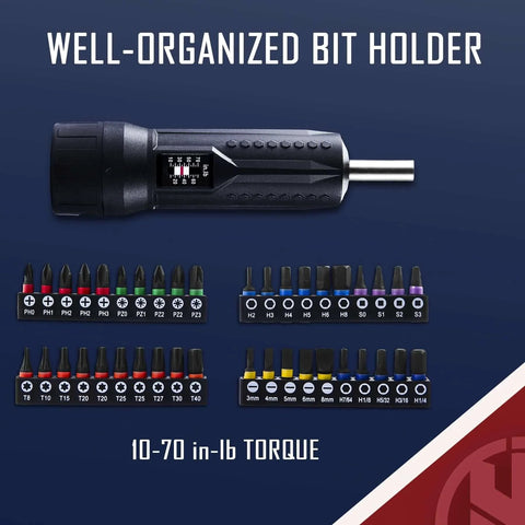 Torque Screwdriver Wrench Driver Set 10-70 Inch Pounds lbs for Maintenance with bit holder and range detail