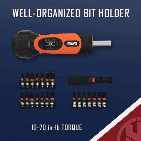 Torque Screwdriver Wrench Driver Set 10-70 Inch Pounds lbs for Maintenance, 21 Hex Bits, Shaft Extension, Orange handle shown