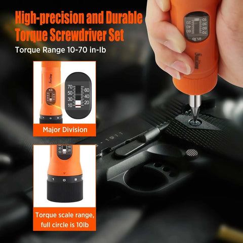 Close-up of 36Pcs Torque Screwdriver Wrench Driver Set 10-70 Inch Pounds lbs displaying torque settings and orange handle in use.