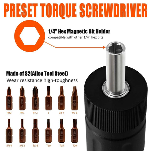 13Pcs Preset Torque Screwdriver with S2 Bits, 1/4” Drive Torque Wrench Screwdriver Set featuring hex bit holder and S2 steel bits