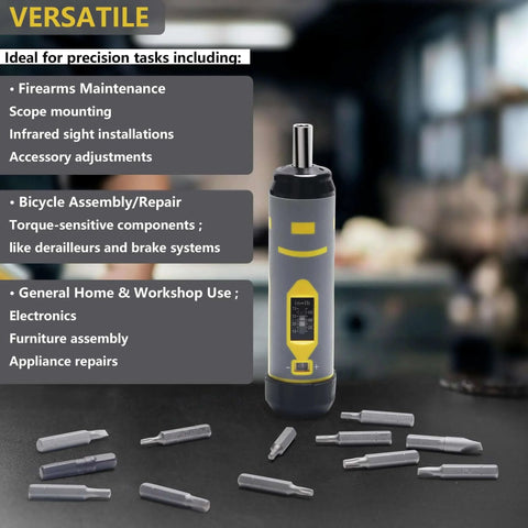 Torque Screwdriver Wrench Set 10-70 Inch Pounds for Professional Maintenance, versatile use, gray handle and multiple S2 bits